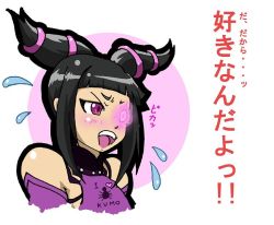  1girl bare_shoulders black_hair blush capcom female_focus han_juri jemini-kanon open_mouth purple_eyes solo street_fighter street_fighter_iv_(series) sweat teeth text_focus translated twintails 