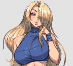  1girl absurdres bare_shoulders blonde_hair blue_eyes breasts commentary crop_top english_commentary eyelashes hair_over_one_eye highres large_breasts long_hair looking_at_viewer metroid mole mole_under_mouth nintendo parted_lips pink_lips samus_aran simmsy simple_background solo teeth upper_body v-shaped_eyebrows white_background  rating:Sensitive score:20 user:danbooru