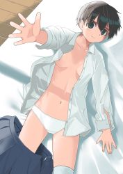 1girl absurdres black_hair breasts cameltoe female_focus haida_katsuretsu highres lying navel on_back open_clothes open_shirt original outstretched_hand panties short_hair skirt skirt_around_one_leg solo tomboy underwear white_panties rating:Questionable score:19 user:Dweenie