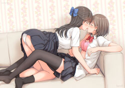  2girls artist_name betock black_hair black_skirt black_socks black_thighhighs blue_bow bow bowtie bra breasts brown_hair closed_eyes commentary_request couch hair_bow half_updo highres kiss long_hair medium_breasts multiple_girls no_shoes on_couch open_mouth original panties pink_bra pleated_skirt red_bow red_bowtie school_uniform shirt shirt_tucked_in short_hair short_sleeves skirt socks spot_color sweat thighhighs tongue tongue_out underwear white_panties white_shirt yuri  rating:Sensitive score:19 user:danbooru