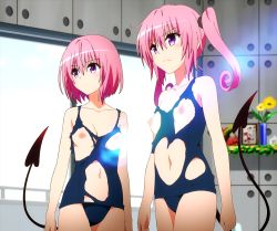10s 2girls black_one-piece_swimsuit black_school_swimsuit breasts closed_mouth collarbone demon_tail flower highres kitchen momo_velia_deviluke multiple_girls nana_asta_deviluke navel nipples one-piece_swimsuit pink_hair purple_eyes school_swimsuit screencap short_hair siblings sisters standing stitched swimsuit tail third-party_edit to_love-ru to_love-ru_darkness torn_clothes torn_swimsuit twins twintails rating:Questionable score:78 user:ara-ara