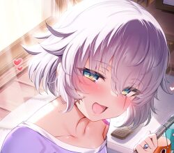  1girl blush breasts facial_scar fate/grand_order fate_(series) green_eyes hair_between_eyes highres jack_the_ripper_(fate/apocrypha) looking_at_viewer m-da_s-tarou open_mouth scar scar_across_eye scar_on_cheek scar_on_face short_hair shoulder_tattoo small_breasts smile solo tattoo white_hair 
