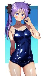  1girl blue_eyes blue_one-piece_swimsuit breasts collarbone competition_school_swimsuit contrapposto covered_navel cowboy_shot hair_ribbon hiiragi_kagami kisaragi_shokuin long_hair lucky_star one-piece_swimsuit purple_hair ribbon school_swimsuit small_breasts solo standing swimsuit 