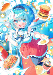 1girl :d bare_shoulders black_hairband black_pantyhose blue_eyes blue_hair blush bread brick_wall burger center_frills collared_shirt commentary_request cooking_pot copyright_request flower food food_request frilled_skirt frills hair_between_eyes hairband highres holding ikari_(aor3507) indoors ladle looking_at_viewer off-shoulder_shirt off_shoulder official_art open_mouth pantyhose plate pleated_skirt puffy_short_sleeves puffy_sleeves red_footwear red_skirt shirt shoes short_sleeves skirt smile solo standing standing_on_one_leg star_(symbol) stove teapot virtual_youtuber white_flower white_shirt window yellow_flower 