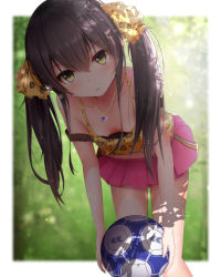 1girl ball bare_legs black_hair blurry blurry_background blush bow breasts cleavage collarbone cowboy_shot crop_top downblouse hair_between_eyes hair_bow hair_ornament head_tilt highres holding idolmaster idolmaster_cinderella_girls jewelry leaning_forward lens_flare loli long_hair looking_at_viewer matoba_risa midriff midriff_peek miniskirt monaka_curl necklace nipples outside_border parted_lips pendant pink_skirt pleated_skirt shadow sidelocks skirt small_breasts solo standing strap_slip sweat twintails yellow_eyes rating:Questionable score:75 user:danbooru