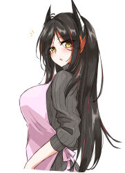  +_+ 1girl :o absurdres apron arknights arms_at_sides black_hair blush cropped_torso from_side grey_sweater highres horns ines_(arknights) long_hair long_sleeves looking_at_viewer maiq06 mole mole_under_eye multicolored_hair notice_lines open_mouth parted_bangs pink_apron red_hair ribbed_sweater sidelocks simple_background sleeves_pushed_up solo straight_hair streaked_hair sweater turtleneck turtleneck_sweater white_background yellow_eyes 