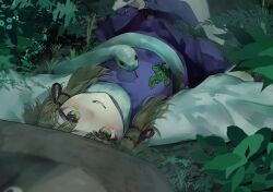  1girl absurdres blonde_hair brown_hat commentary_request eneshi fern full_body grass hat highres long_hair long_sleeves looking_at_viewer lying moriya_suwako on_back on_ground parted_lips plant purple_skirt purple_vest shirt skirt smile snake solo touhou upside-down vest white_shirt wide_sleeves yellow_eyes 