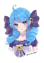 1girl ahoge artist_name black_bow blue_hair blush bow breasts cleavage collarbone cropped_torso drill_hair grey_background gwen_(league_of_legends) hair_bow highres league_of_legends long_hair looking_at_viewer medium_breasts momikodayo puffy_short_sleeves puffy_sleeves short_sleeves simple_background solo twin_drills twintails upper_body rating:Sensitive score:8 user:danbooru
