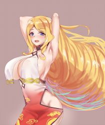  1girl adapted_costume armpits arms_behind_head azur_lane bare_shoulders blonde_hair blue_eyes breast_curtains breasts chaser_(azur_lane) china_dress chinese_clothes cleavage collar cowboy_shot dress large_breasts long_hair looking_at_viewer open_mouth paundo2 side_slit sideboob solo standing underboob wavy_hair  rating:Sensitive score:25 user:LesLes