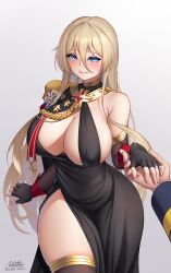  1boy 1girl absurdres aiguillette azur_lane bismarck_(azur_lane) bismarck_(beacon_of_the_iron_blood)_(azur_lane) bismarck_(coat_of_arms) black_cape black_dress black_gloves black_jacket blonde_hair blue_eyes blush breasts cape cleavage closed_mouth coat_of_arms commander_(azur_lane) commentary cowboy_shot cross dated dress elbow_gloves english_commentary epaulettes evening_gown fingerless_gloves glint gloves hair_between_eyes highres holding_hands iron_blood_(emblem) iron_cross jacket jewelry large_breasts long_hair long_sleeves looking_at_viewer medal pov pov_hands ring side_cape sidelocks signature simple_background single_bare_shoulder single_epaulette skindentation smile solo_focus standing thighhighs twitter_username wedding_ring white_background whitter  rating:Sensitive score:77 user:danbooru