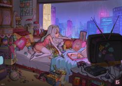  1girl arcade_cabinet ass bad_id bad_pixiv_id ball bed bed_sheet bedroom blue_borscht blue_eyes building candy chips_(food) city cityscape commission controller dress elbow_gloves feet female_focus food full_body game_console game_controller gloves highres horns indoors legs lollipop long_hair lying night nintendo_64 nintendo_64_controller on_side original panties photo_(object) pillow pink_dress pizza pizza_box potato_chips rain short_dress sleeveless sleeveless_dress soccer_ball soles solo stereo television thighhighs thighs underwear videocassette white_gloves white_hair white_panties white_thighhighs window  rating:Questionable score:390 user:danbooru