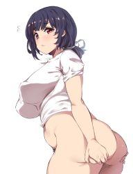 10s 1girl anus ass ass_grab ass_support bad_id bad_pixiv_id blush bottomless breasts deep_skin female_pubic_hair frown grabbing_own_ass highres impossible_clothes impossible_shirt kantai_collection large_breasts long_hair moisture_(chichi) pubic_hair purple_hair red_eyes shirt simple_background solo spread_ass taigei_(kancolle) takao_(kancolle) tummy_fold white_background rating:Questionable score:109 user:danbooru