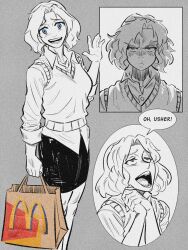 1girl angry bag blue_eyes bombsahoy english_text highres holding holding_bag looking_at_viewer mcdonald&#039;s medium_hair miniskirt monochrome multiple_views own_hands_together paper_bag sarah_dubois skirt speech_bubble sweater_vest the_boondocks waving 