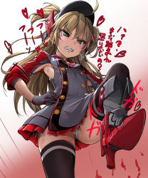  1girl absurdres admiral_hipper_(azur_lane) ahoge armpit_cutout armpits ass azur_lane ball_busting bdsm black_thighhighs blonde_hair blood blush breasts cbt choker clenched_teeth clothing_cutout cross crotch_kick dikko from_below gloves green_eyes hair_between_eyes hand_on_own_hip hat headgear heart heart-shaped_pupils high_heels highres iron_cross jacket long_hair looking_at_viewer looking_down mole mole_under_eye panties pleated_skirt sidelocks skindentation skirt solo stomping sweat symbol-shaped_pupils tearing_up teeth thighhighs thighs two_side_up underwear white_panties  rating:Questionable score:57 user:danbooru