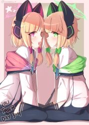  2girls absurdres animal_ear_headphones animal_ears between_legs black_thighhighs blonde_hair blue_archive blue_necktie blush bow commentary_request fake_animal_ears from_side green_bow green_eyes green_halo green_hood hair_bow halo hand_between_legs headphones highres jacket long_sleeves looking_to_the_side low-tied_sidelocks midori_(blue_archive) mintshiiii momoi_(blue_archive) multiple_girls necktie open_mouth parted_lips pink_bow pink_eyes pink_hood siblings sitting smile thighhighs twins twitter_username white_jacket 