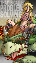  1girl text_background bare_shoulders blonde_hair blood blue_eyes bowser breasts cigarette cigarette_holder crown elbow_pads english_text femdom gloves groin highres leaning_back long_hair looking_at_viewer mario_(series) midriff lava mx._moz navel nintendo princess_peach shirt sitting smoke smoking spread_legs straddling super_mario_bros._1 text_focus toes tongue torn_clothes torn_shirt underboob  rating:Sensitive score:69 user:mairty