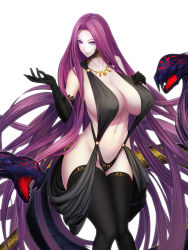 1girl absurdly_long_hair ass bare_shoulders black_gloves black_one-piece_swimsuit black_thighhighs breasts claws cleavage covered_erect_nipples cowboy_shot curvy elbow_gloves fate/grand_order fate_(series) female_focus formal gloves gold_necklace gorgon_(fate) halterneck highres huge_ass huge_breasts jewelry large_breasts living_hair long_hair looking_at_viewer matching_hair/eyes medusa_(fate) medusa_(rider)_(fate) midriff minami_koyogi monster_girl navel necklace o-ring o-ring_swimsuit one-piece_swimsuit parted_lips purple_eyes purple_hair rider scales simple_background slingshot_swimsuit smile snake solo star_(symbol) swimsuit tail thick_thighs thighhighs thighs translation_request very_long_hair white_background wide_hips  rating:Explicit score:122 user:Demiourgos