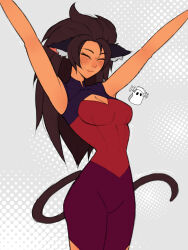  1girl absurdres animal_ears blush bodysuit breasts brown_fur brown_hair brown_tail cat_ears cat_girl cat_tail catra_(princesses_of_power) chaotic_spellkasper cleavage cleavage_cutout clothing_cutout collarbone curvy eyebrows eyelashes eyeliner facial_mark female_focus flexible flexing happy highres leotard lineart long_ears long_hair long_tail makeup medium_breasts messy_hair narrow_waist neck pantyhose she-ra_and_the_princesses_of_power sketch solo spellkasper stomach stretched_limb stretching tail tan tight_clothes trembling  rating:General score:9 user:SuperSimp64