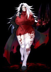 1girl absurdres asymmetrical_bangs bare_shoulders black_background black_sclera blood blood_on_clothes blood_on_face blood_on_leg breasts claws colored_sclera dress full_body glasses grin hair_intakes highres huge_breasts impossible_clothes impossible_dress long_coat long_eyelashes long_hair mantis0 off_shoulder original red_dress red_eyes sharp_teeth short_dress smile solo spiked_hair sweater sweater_dress teeth thick_thighs thighhighs thighs torn_clothes torn_coat turtleneck turtleneck_dress very_long_hair wading white_hair white_thighhighs