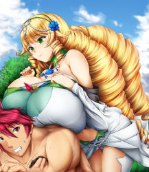 10s 1boy 1girl bare_shoulders blonde_hair blush bol_(liliymimi) breast_rest breasts breasts_on_head clenched_teeth dress drill_hair flower gigantic_breasts green_eyes hair_flower hair_ornament highres huge_breasts jewelry long_hair madan_no_ou_to_vanadis midriff muscular navel necklace red_eyes red_hair smile sofya_obertas surprised sweat sweatdrop teeth thigh_gap tigrevurmud_vorn very_long_hair rating:Questionable score:98 user:100241