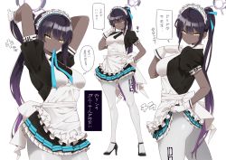 1girl ahoge alternate_hairstyle apron aqua_ribbon arms_up ass black_dress black_footwear black_hair black_neckwear blue_archive blush bow breasts closed_mouth clothes_lift commentary dark-skinned_female dark_skin dress dress_lift embarrassed finger_to_cheek frilled_dress frills full_body gloves gradient_hair hair_ribbon hair_tie_in_mouth halo hand_on_own_hip high_heels holding holding_own_hair karin_(blue_archive) kuro_(toi_et_moi) large_bow long_hair looking_at_viewer looking_away looking_to_the_side maid_apron maid_headdress medium_breasts mouth_hold multicolored_hair multiple_views necktie pantyhose pleated_dress ponytail puffy_short_sleeves puffy_sleeves pumps purple_hair ribbon short_sleeves simple_background speech_bubble standing sweatdrop thought_bubble translated two-tone_hair white_apron white_background white_bow white_gloves white_pantyhose wing_collar rating:Sensitive score:85 user:danbooru