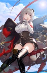1girl absurdres adapted_turret azur_lane belt black_hat black_skirt boots braid breast_pocket breasts cannon cloud cloudy_sky corset cowboy_shot cross day drill_hair drill_sidelocks grey_hair hat highlander_z highres holding holding_toy iron_cross large_breasts leather leather_boots long_hair luetzow_(azur_lane) machinery mini_hat nail_polish non-humanoid_robot ocean pocket red_nails robot robot_dragon shirt sidelocks skirt sky stuffed_animal stuffed_shark stuffed_toy sun sunlight thigh_boots thighhighs toy turret water whale white_shirt rating:General score:18 user:danbooru