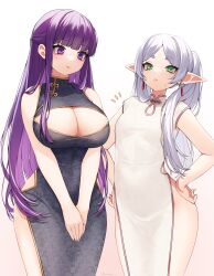  2girls absurdres black_dress blunt_bangs breasts china_dress chinese_clothes cleavage cleavage_cutout clothing_cutout dress earrings elf fern_(sousou_no_frieren) frieren green_eyes highres jewelry large_breasts long_hair looking_at_breasts looking_at_viewer looking_down multiple_girls nemuaki parted_bangs pelvic_curtain pointy_ears print_dress purple_eyes purple_hair sidelocks sleeveless sleeveless_dress small_breasts sousou_no_frieren staring straight_hair twintails very_long_hair white_hair 