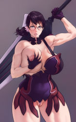  1girl angry black_hair breast_hold breasts cattleya_(queen&#039;s_blade) cattleya_(queen's_blade) cleft_of_venus glasses gloves huge_breasts huge_weapon kupocun large_areolae lips mature_female muscular muscular_female nipples parted_lips ponytail queen&#039;s_blade solo standing sword thighs thong torn_clothes weapon weapon_merchant_cattleya wedgie  rating:Questionable score:108 user:animeboy12