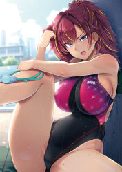 1girl arena_(company) black_one-piece_swimsuit blue_eyes clothes_writing commentary_request competition_swimsuit goggles hassen_(8cm) highres logo_parody long_hair multicolored_clothes multicolored_hair multicolored_swimsuit one-piece_swimsuit original ponytail red_hair sitting solo streaked_hair swimsuit unworn_goggles wet wet_clothes wet_swimsuit  rating:Sensitive score:6 user:danbooru