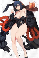  1girl animal_ears black_hair black_jacket black_leotard breasts cleavage covered_navel cup drinking_glass fake_animal_ears foot_out_of_frame highres jacket large_breasts leotard long_hair looking_at_viewer low-braided_long_hair low-tied_long_hair off_shoulder open_clothes open_jacket original parted_lips playboy_bunny rabbit_ears rain_lan red_eyes rope shimenawa smile solo strapless strapless_leotard thick_thighs thighs tray v very_long_hair 