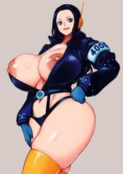  1girl black_jacket breasts curvy earpiece hand_on_own_hip highres jacket kyuugata large_breasts nico_robin nico_robin_(egghead) nipple_slip nipples one_piece revealing_clothes shiny_skin thighhighs thighs thong unzipped unzipped_top wide_hips  rating:Questionable score:23 user:JupiterMikan