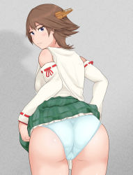1girl ass bare_shoulders blue_eyes blush breasts brown_hair clothes_lift detached_sleeves from_behind hair_ornament hiei_(kancolle) kantai_collection looking_at_viewer looking_back medium_breasts panties shiny_skin short_hair sideboob skirt skirt_hold skirt_lift smile solo underwear rating:Questionable score:5 user:armorcrystal