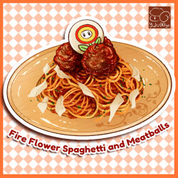  argyle argyle_background artist_logo fire_flower food food_focus food_name highres mario_(series) meat meatball nintendo no_humans original pasta plate spaghetti yuki00yo 