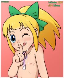  1girl 2023 absurdres artist_name blonde_hair blue_eyes closed_mouth collarbone condom cum cum_in_mouth cum_on_body cum_on_upper_body facial female_focus finger_to_mouth flat_chest gokkun green_ribbon hair_ribbon highres holding holding_condom lewdlhama licking_lips loli looking_at_viewer medium_hair mega_man_(classic) mega_man_(series) nipples nude one_eye_closed portrait red_background ribbon roll_(mega_man) sidelocks smile solo tongue tongue_out used_condom 