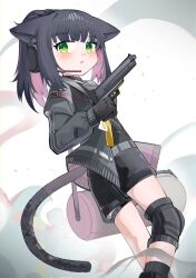  1girl :o animal_ears arknights bag black_gloves black_hair black_shirt black_shorts black_socks blush cat_ears cat_girl cat_tail duffel_bag ear_protection feet_out_of_frame gloves green_eyes grey_jacket gun handgun headset highres holding holding_gun holding_weapon jacket jessica_(arknights) knee_pads long_sleeves multicolored_hair open_clothes open_jacket parted_lips pink_hair ponytail puffy_long_sleeves puffy_sleeves shirt shorts socks solo spam_(spamham4506) tail two-tone_hair weapon 