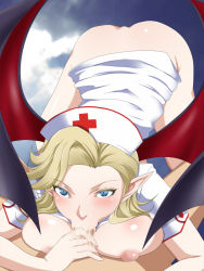 1girl :&gt;= ass atlus blonde_hair blue_eyes blush bottomless breasts breasts_out censored cum demon_girl female_focus hat huge_ass looking_at_viewer nipples no_panties nurse oral pov puffy_nipples shin_megami_tensei succubus_(megami_tensei) uk-violet rating:Explicit score:69 user:GinTama777