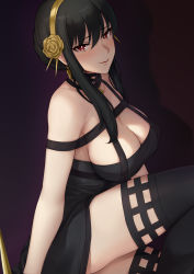  1girl bare_shoulders black_dress black_hair black_thighhighs blush breasts closed_mouth dark_background dress evan_yang flower from_side gold_hairband hair_between_eyes hair_flower hair_ornament hairband highres knee_up large_breasts long_hair looking_at_viewer off-shoulder_dress off_shoulder red_eyes red_lips rose shadow sidelocks sitting solo spikes spy_x_family swept_bangs thighhighs thighs yor_briar  rating:Sensitive score:32 user:danbooru