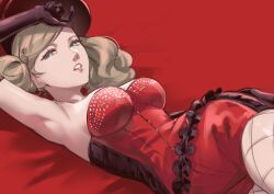  1girl absurdres armpits black_gloves blonde_hair breasts elbow_gloves gloves green_eyes half-closed_eyes highres long_hair lying medium_breasts on_back parted_lips persona persona_5 red_shorts short_shorts shorts solo ssssantn strapless takamaki_anne twintails 