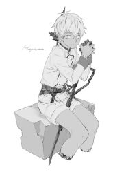  1boy amputee arknights bishounen coat cowboy_shot cz474 english_text greyscale looking_at_viewer male_focus mephisto_(arknights) monochrome originium_(arknights) scared shorts simple_background sitting solo weapon white_background 
