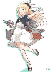  1girl adapted_turret black_jacket black_neckerchief blonde_hair blue_eyes blue_sailor_collar cannon dress fuji_(pixiv24804665) full_body gloves hat jacket jervis_(kancolle) kantai_collection long_hair looking_at_viewer machinery neckerchief open_mouth sailor_collar sailor_dress sailor_hat short_sleeves solo standing standing_on_one_leg turret white_background white_dress white_gloves white_hat 