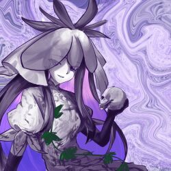  1girl artist_request black_gloves dress elbow_gloves gloves highres holding holding_skull long_hair looking_at_viewer plant purple_background purple_dress purple_eyes purple_theme second-party_source skull smile solo touhou upper_body vines yomotsu_hisami 