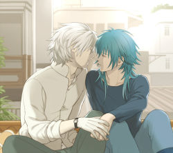  10s 2boys bad_id bad_pixiv_id blue_hair clear_(dramatical_murder) dramatical_murder gloves holding_hands imminent_kiss long_hair male_focus minato_(robin) mole multiple_boys rooftop seragaki_aoba short_hair sitting sleeves_rolled_up watch white_hair wristwatch yaoi  rating:Questionable score:11 user:danbooru