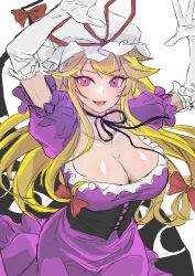  0002koko 1girl absurdres blonde_hair bow breasts cleavage collarbone dress elbow_gloves frilled_hat frills gloves hair_bow hat hat_ribbon highres large_breasts looking_at_viewer mob_cap puffy_short_sleeves puffy_sleeves purple_dress purple_eyes red_ribbon ribbon short_sleeves smile solo touhou white_gloves white_hat yakumo_yukari 