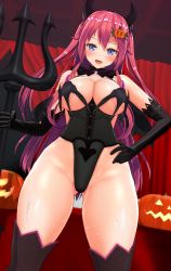  1girl 3d bare_shoulders black_thighhighs blue_eyes blush breasts cleavage corset demon_girl elbow_gloves fake_horns fang gloves hand_on_own_hip highres horns jack-o-lantern large_breasts long_hair minamo_rm open_mouth original pink_hair polearm smile solo sweat thick_thighs thighhighs thighs trident weapon wide_hips 