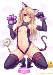 1girl absurdres animal_costume animal_ears animal_hands bell blonde_hair blush bowl cat_ears commentary_request covered_erect_nipples covered_pussy fate/kaleid_liner_prisma_illya fate_(series) feet hair_bell hair_ornament highres illyasviel_von_einzbern itsuki_kunihiro licking_lips long_hair magical_ruby navel pet pet_bowl red_eyes ribbon tail tongue tongue_out yarn 