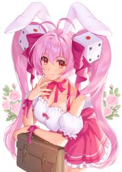  1girl animal_ears antenna_hair artist_request bag bow breasts cleavage closed_mouth detached_sleeves di_gi_charat dice_hair_ornament female_focus flower hair_bow hair_ornament long_hair looking_at_viewer multiple_hair_bows neck_ribbon pink_bow pink_hair pink_ribbon puffy_detached_sleeves puffy_sleeves rabbit_ears red_eyes ribbon school_bag simple_background smile solo twintails usada_hikaru very_long_hair white_background wrist_ribbon 