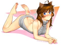  1girl absurdres ahoge all_fours animal_ears ass bare_arms bare_legs bare_shoulders barefoot blue_eyes blush breasts brooke_(mleth) brown_hair butt_crack feet fingernails full_body grey_sweater highres long_hair lying meme_attire mleth nose_blush on_stomach shadow small_breasts soles solo sweater the_pose virgin_killer_sweater  rating:Questionable score:18 user:danbooru