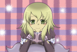 1girl blush brown_hair dress elize_lutus frills green_eyes highres jewelry long_hair necklace plaid plaid_background ribbon smile solo tales_of_(series) tales_of_xillia teepo_(tales) rating:Sensitive score:0 user:wereAR