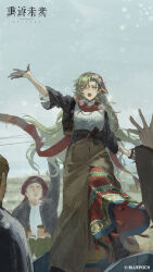  1girl :o absurdres arm_up black_gloves blonde_hair brown_footwear brown_jacket brown_skirt button_up_skirt clenched_hand copyright_name copyright_notice crowd day feet_out_of_frame gloves grey_eyes hand_up head_scarf highres jacket layered_skirt logo long_hair long_skirt official_art official_wallpaper open_mouth outdoors people print_skirt red_scarf red_skirt reverse:1999 scarf shirt shirt_tucked_in shouting skirt sky snowing solo_focus standing steam_from_mouth straight-on vila_(reverse:1999) white_shirt white_sky 