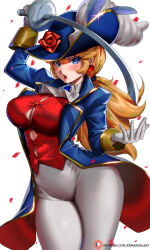  1girl absurdres ascot blue_coat blue_hat blush breasts brooch button_gap cleavage coat earrings enma_(enmanuelart) flower gloves gold_trim hat hat_feather hat_flower highres jewelry large_breasts long_hair long_sleeves looking_at_viewer mario_(series) nintendo open_mouth pants ponytail princess_peach princess_peach:_showtime! rapier red_shirt rose shirt solo sword swordfighter_peach thighs weapon white_gloves white_pants  rating:Sensitive score:34 user:danbooru